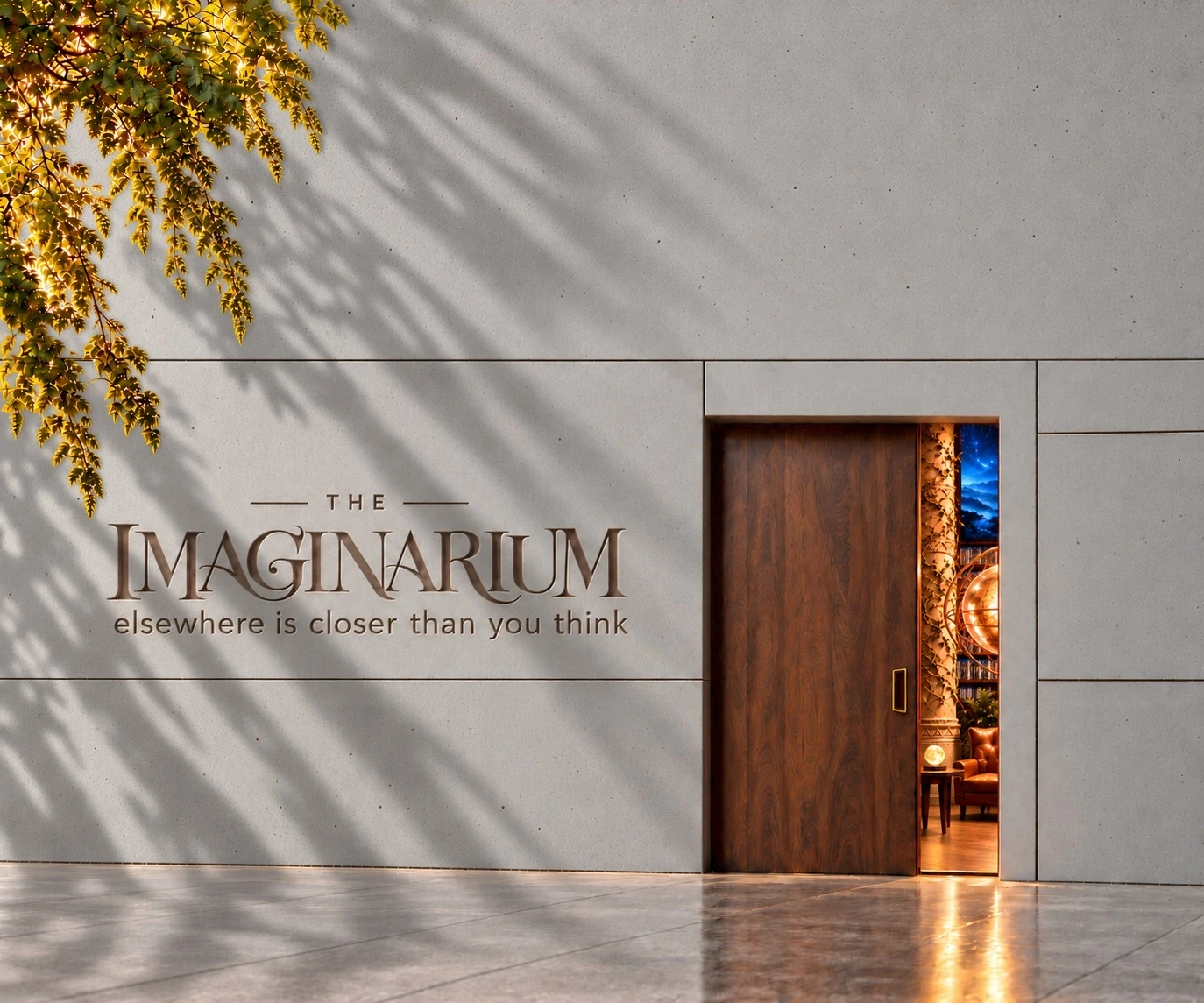 The Imaginarium: a concrete wall with the lettering The Imaginarium and an open wooden door