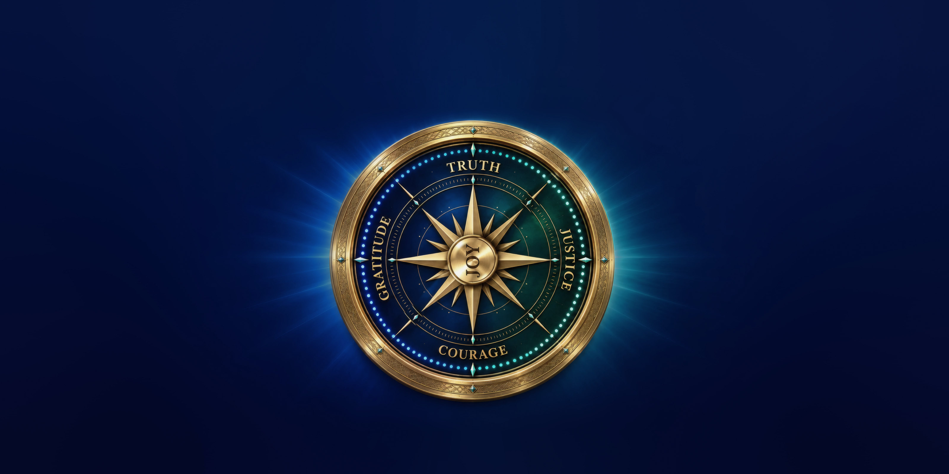 A compass whose points read Truth, Gratitude, Justice and Courage, with Joy at its center